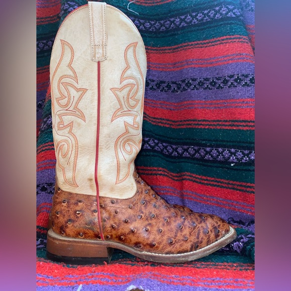 Men's Horse Power Cognac Impostrich 13in. Bleached Bone Top Square Toe Boot-USED - Picture 4 of 11